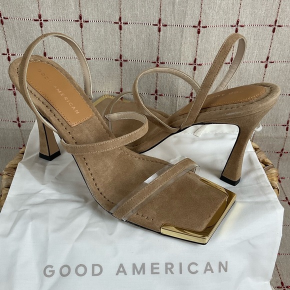 Good American Suede Strappy Heels Gold Square Toe Sz 9 Light Brown Leather New - Picture 1 of 8